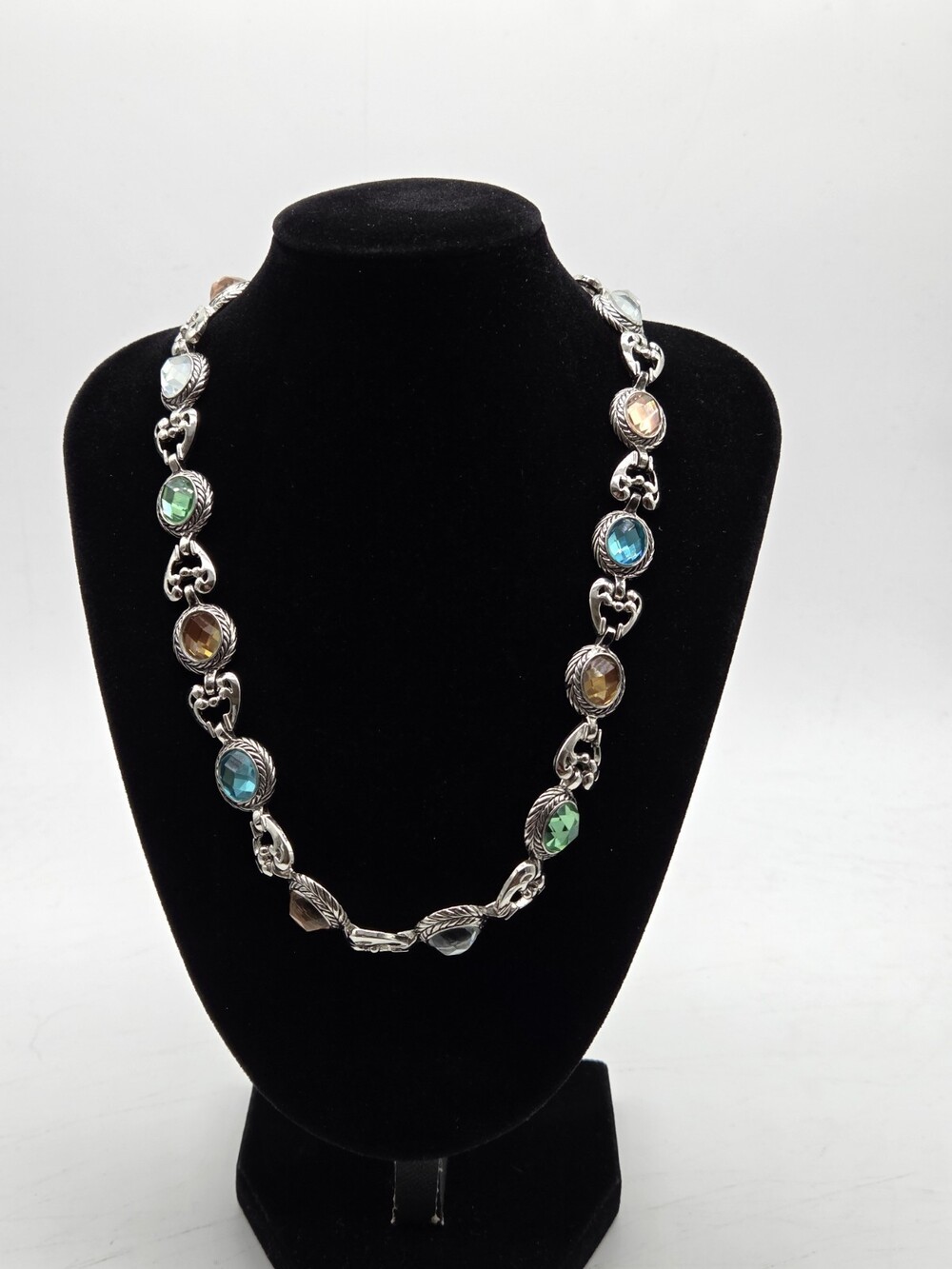 Vintage Silver Tone Multi Color Faceted Crystal Necklace Statement Link Necklace